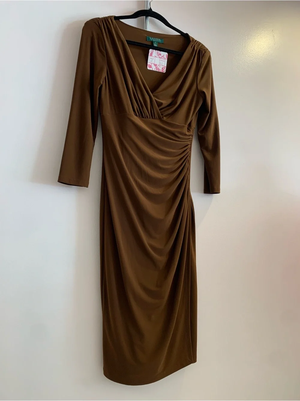 Ralph Lauren Brown Draped V-Neck Long Sleeve Dress